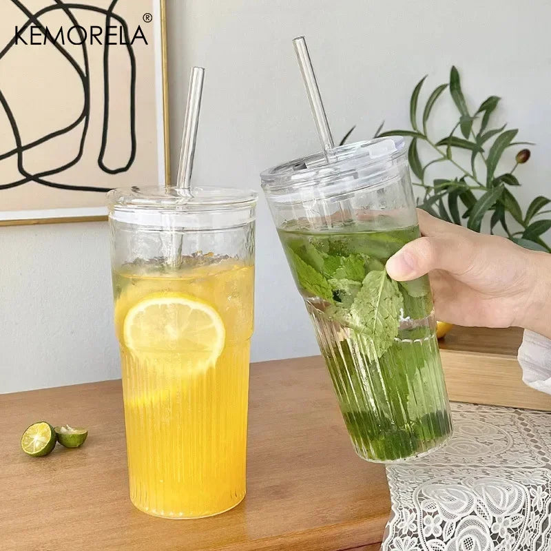 KEMORELA 600ml Stripe Glass Cup with Lid & Straw Glass Tumbler SPOT