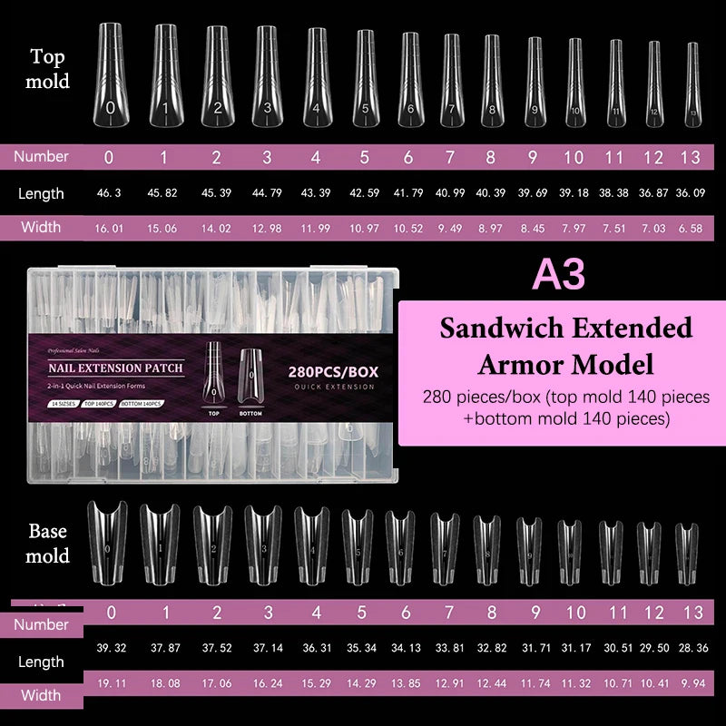 Sandwich Dual Nail Forms 280pcs – 14 Sizes Coffin & Almond Nail Extension Forms SPOT A3