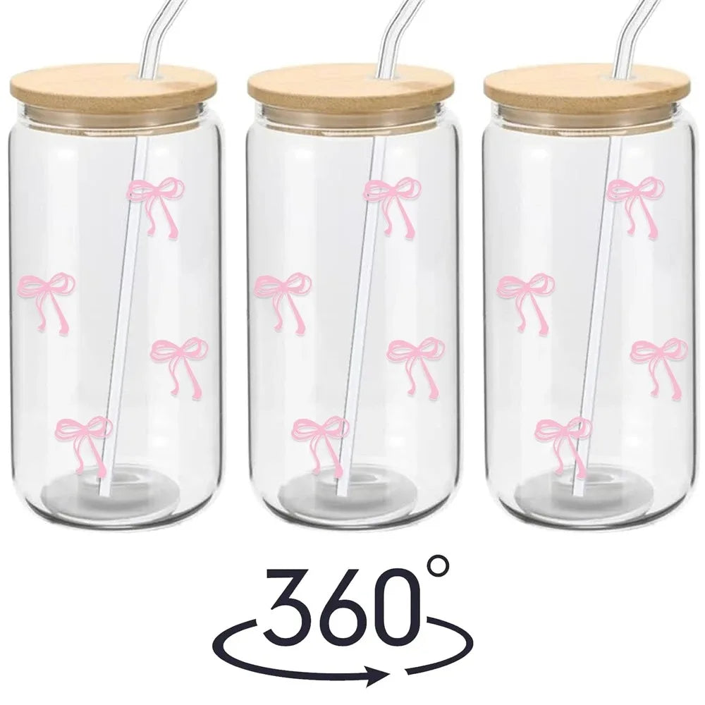 500ml Pink Bow Glass Tumbler with Lid & Straw | Cute Cup Glass Tumbler SPOT