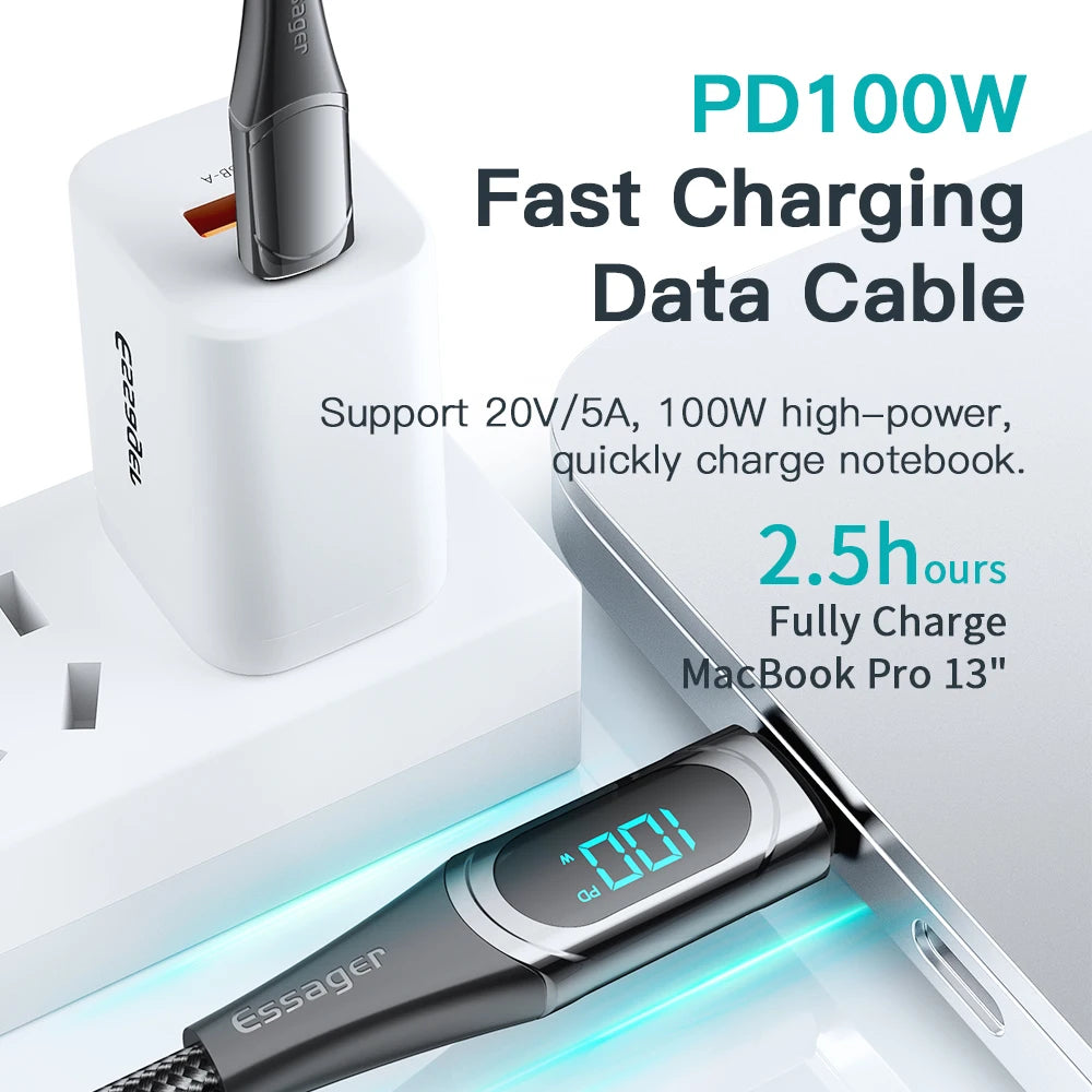 Essager 100W USB-C to USB-C Cable 2M | PD Fast Charge + LED USB-C Charging Cable SPOT