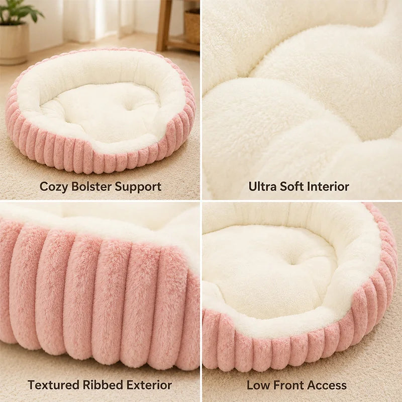 Soft Plush Calming Cat Bed – Bolster Rim, Washable, Anti-Slip Calming Pet Bed SPOT