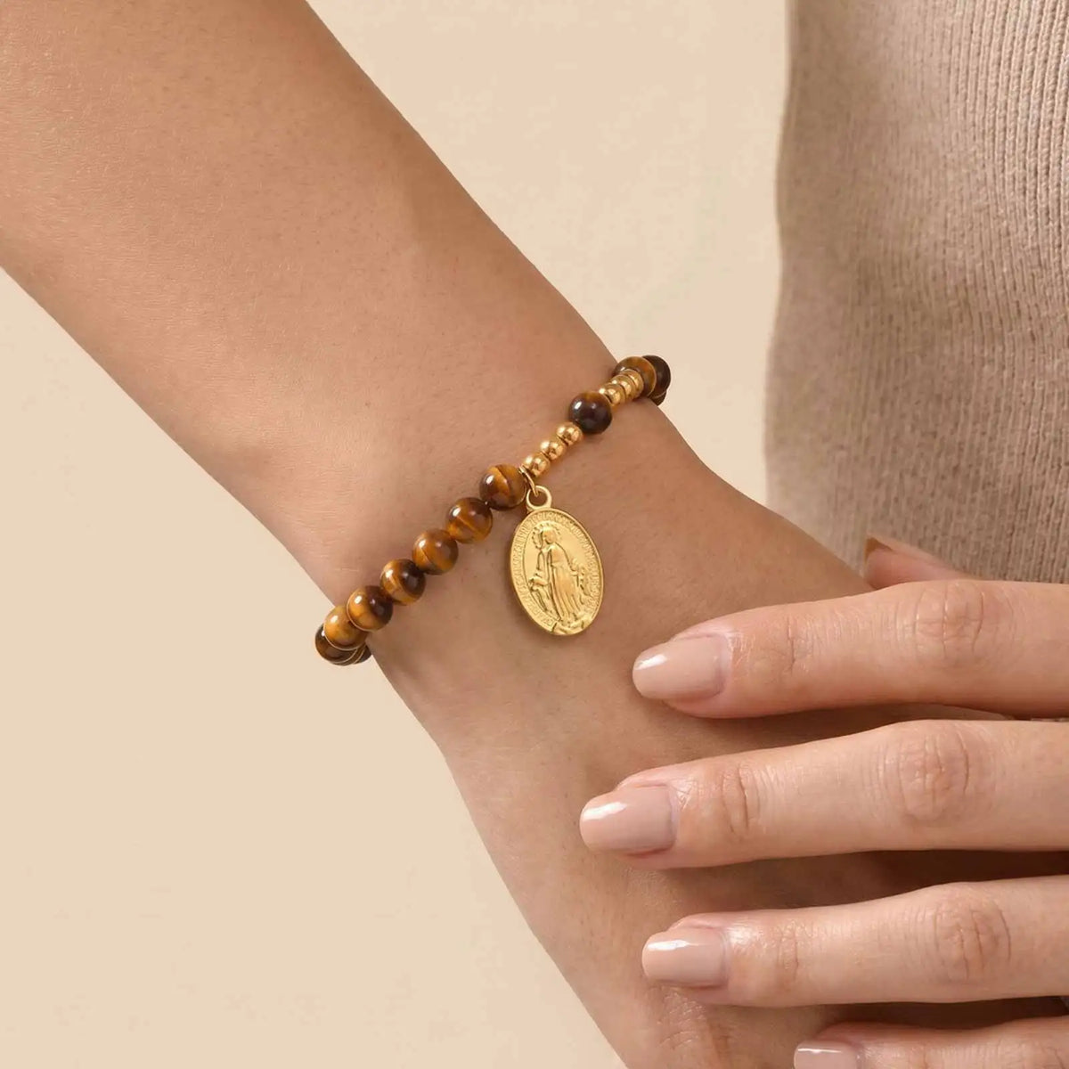 Virgin Mary Cross Rosary Bracelet – Tiger Eye Beaded, Women Religious Beaded Bracelet SPOT