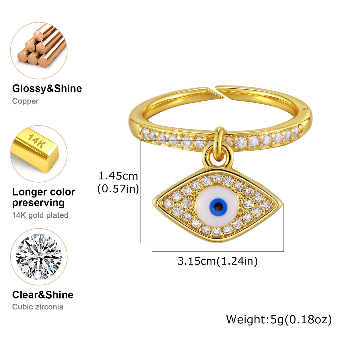 Turkish Blue Evil Eye CZ Open Ring – 18K Gold Adjustable Fashion Ring SPOT