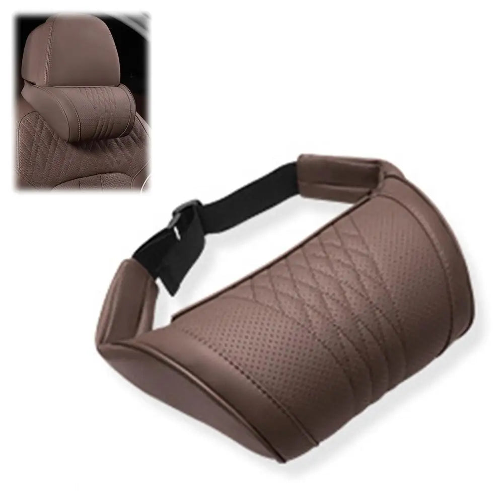 Memory Foam Car Headrest Neck Pillow – Nappa Leather Support Car Neck Pillow SPOT Coffee