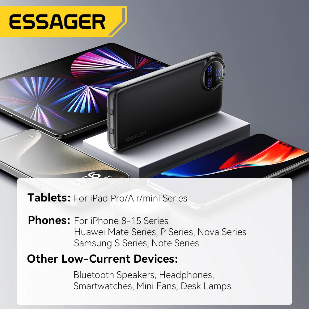 Essager 20000mAh Power Bank 22.5W PD Fast Charge Built-In Cables Portable Power Bank SPOT