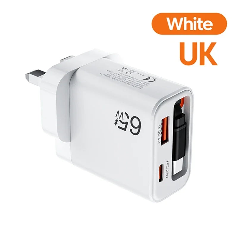 65W USB-C Wall Charger QC 3.0 & PD + Retractable Cable USB-C Wall Charger SPOT UK White