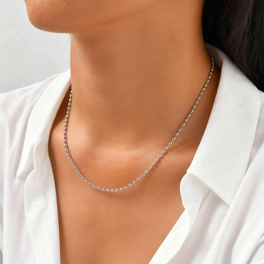 Meaeguet Oval Rice Bead Choker Necklace – Stainless Steel Silver Bead Chain Necklace SPOT