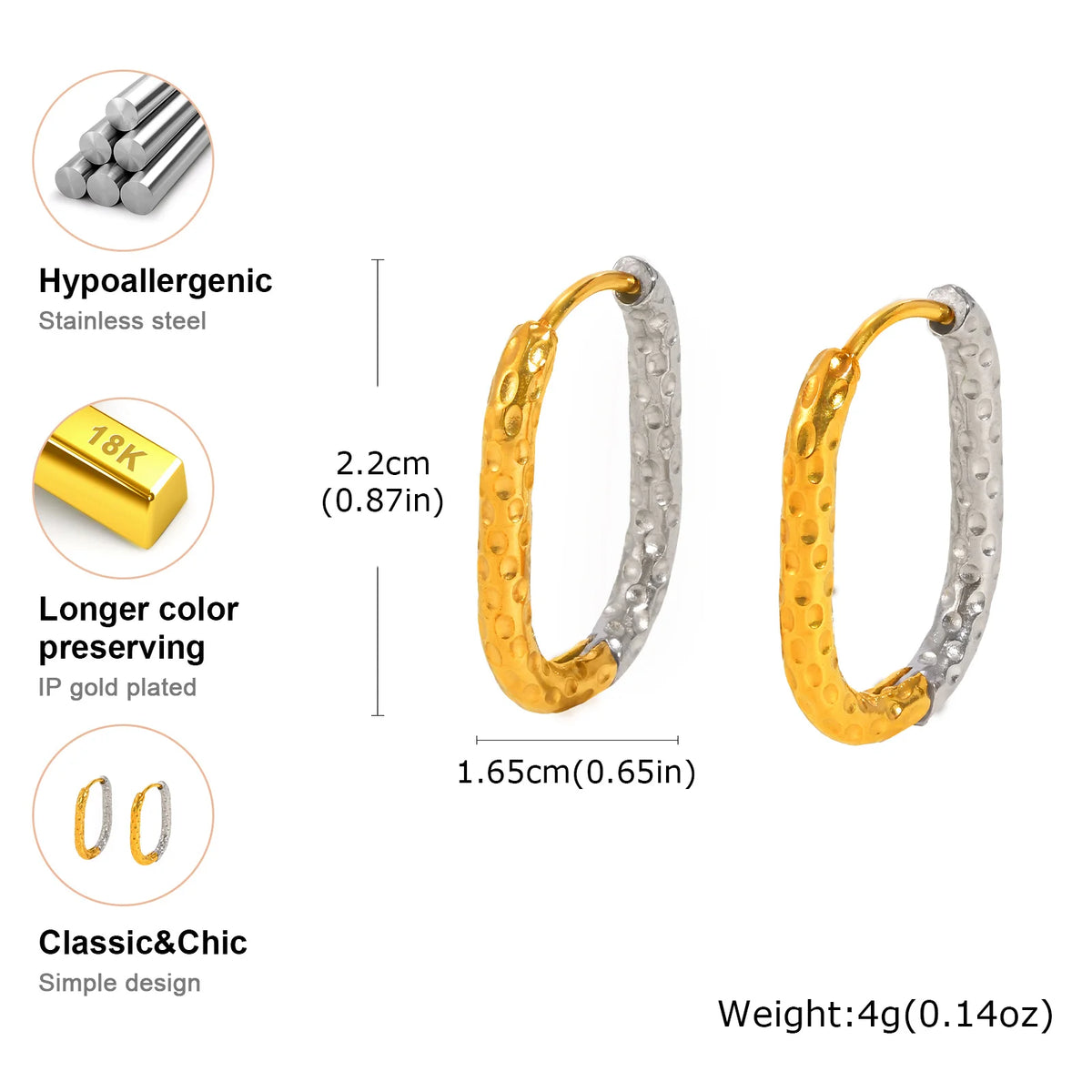 Two-Tone Hammered Huggie Hoop Earrings | 24K Gold Plated Steel Huggie Hoop Earrings SPOT EH-777SG