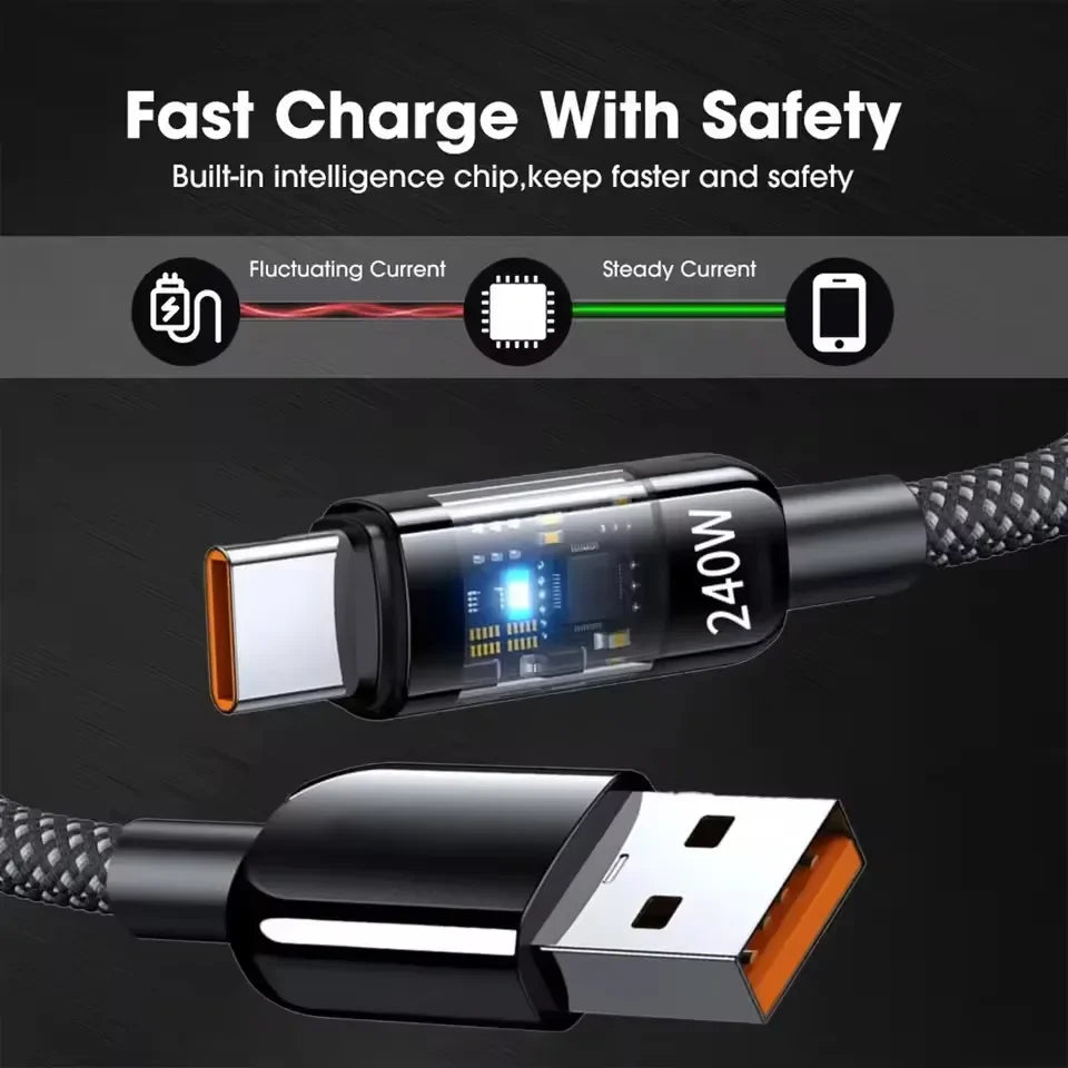 240W USB-C Fast Charging Cable – Nylon Braided with LED Light USB-C Charging Cable SPOT