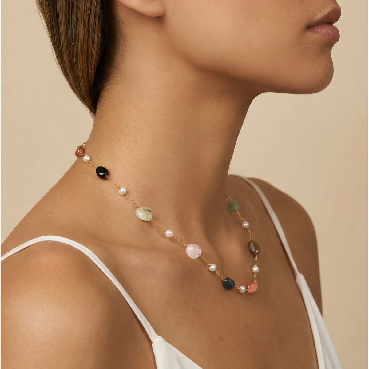 Natural Stone Beaded Station Necklace – Stainless Steel Chain Beaded Stone Necklace SPOT