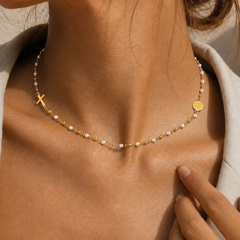 Virgin Mary Cross Necklace – 18K Gold Rosary Pearl Chain Religious Necklace SPOT