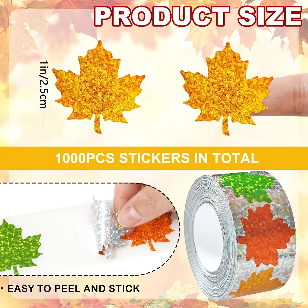 500-Pack Holographic Maple Leaf Stickers – 5 Fall Colors Roll Craft Sticker Roll SPOT
