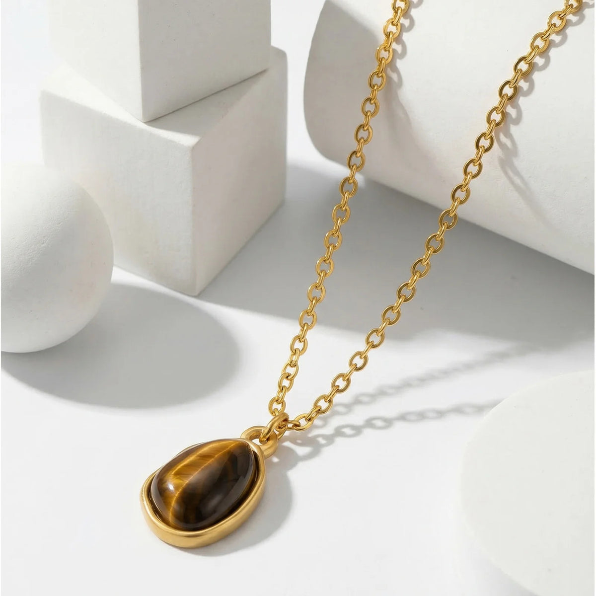 Teardrop Tiger Eye Pendant Necklace – 18K Gold Plated Women Pendant Necklace SPOT