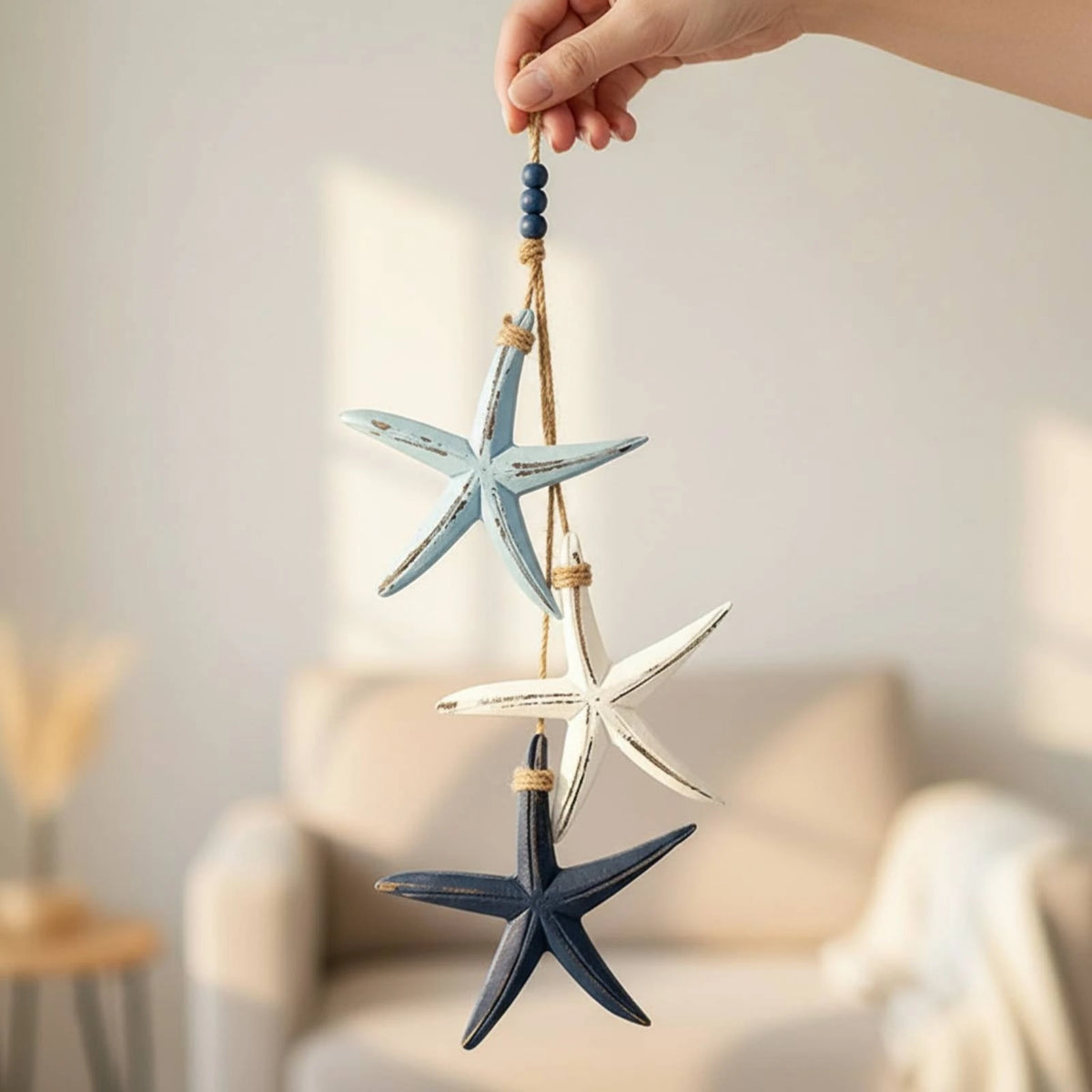 Wooden Sea Star Wall Hanger – Coastal Beaded Ornament, 59cm Coastal Wall Hanging SPOT