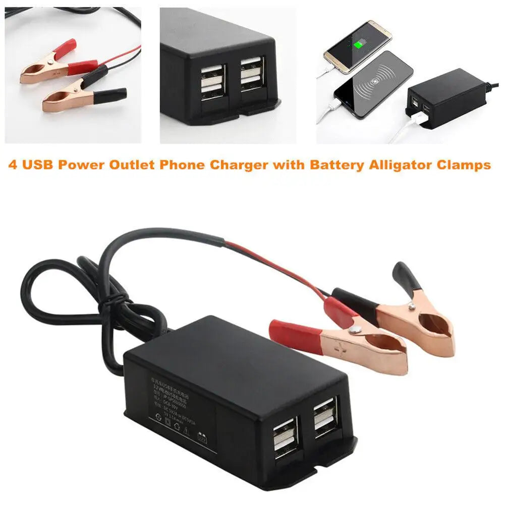 4-Port USB Car & Motorcycle Charging Hub – DC 12V 24V Battery Clip Vehicle USB Charger SPOT
