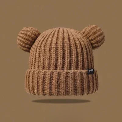 Y2K Bear Ears Knitted Beanie – Cute Soft Plush Winter Hat Knitted Beanie Hat SPOT Coffee