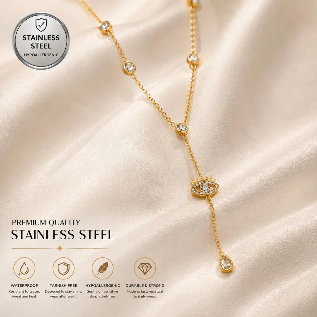 Evil Eye Y Lariat Necklace – 18K Gold Plated CZ Station Pendant Necklace SPOT