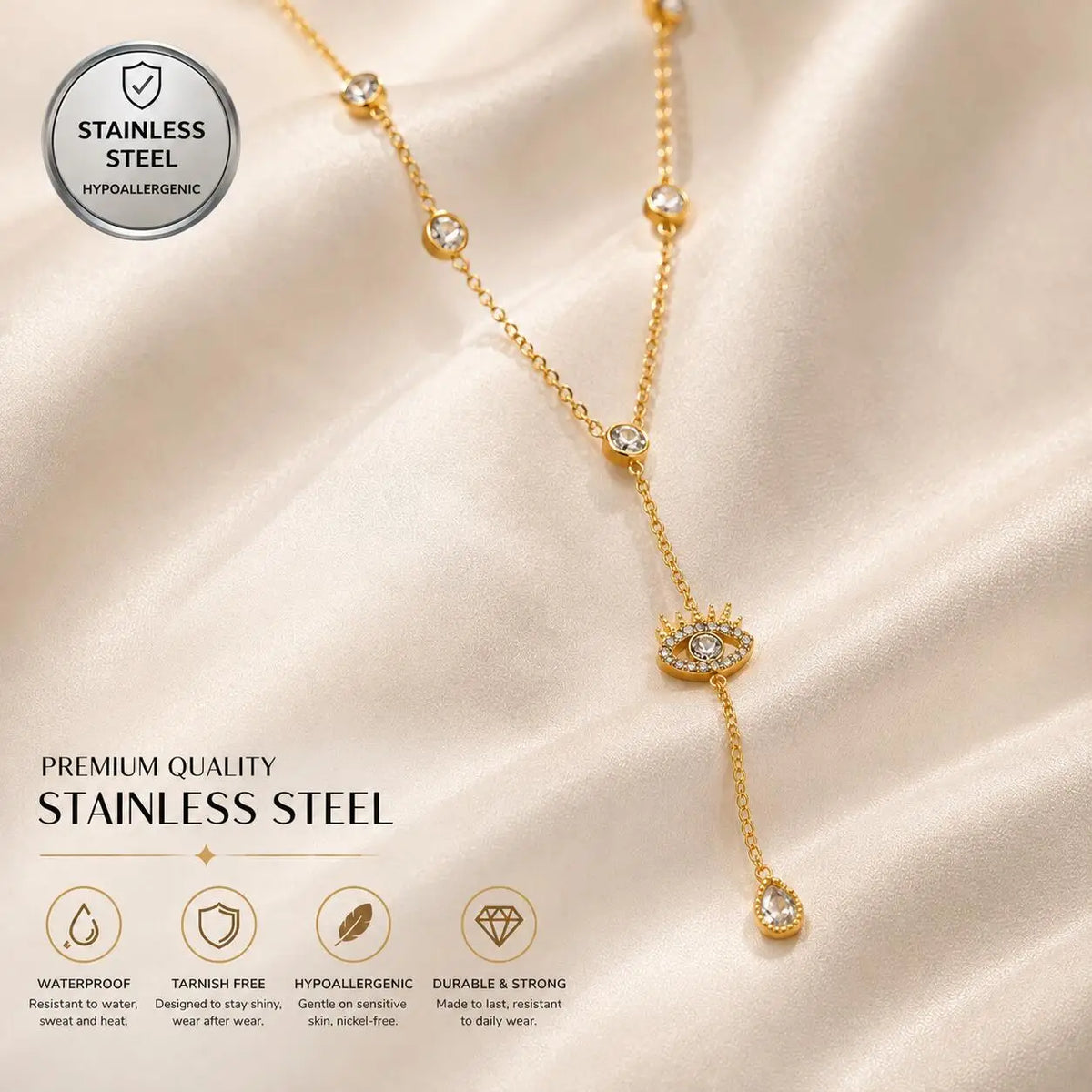 Evil Eye Y Lariat Necklace – 18K Gold Plated CZ Station Pendant Necklace SPOT