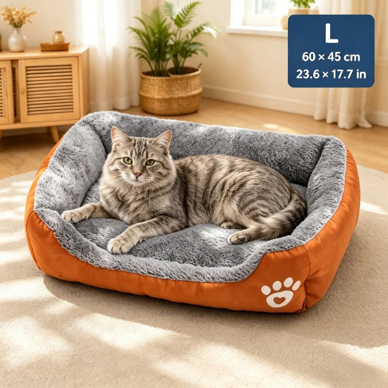 Soft Square Dog Sofa Bed – Warm Washable Pet Cushion Pet Sofa Bed SPOT Orange-60x45cm