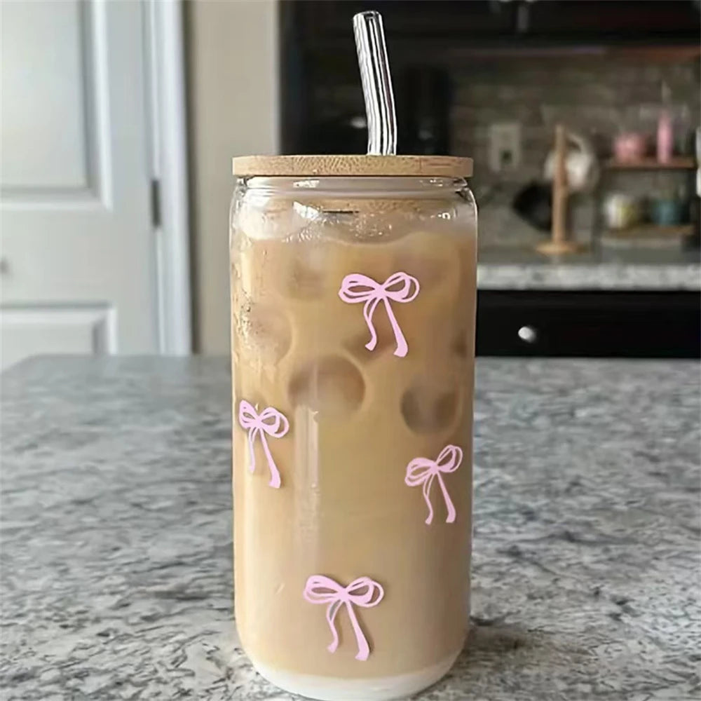 Pink Bow Glass Tumbler 18oz with Lid & Straw | Cute Cup Glass Tumbler Cup SPOT 1pc