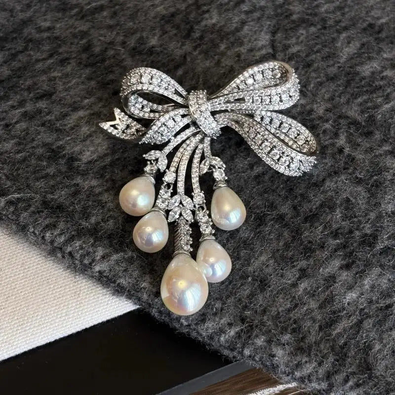 Zircon Pearl Bowknot Tassel Brooch Pin – Handmade Corsage Fashion Brooch Pin SPOT