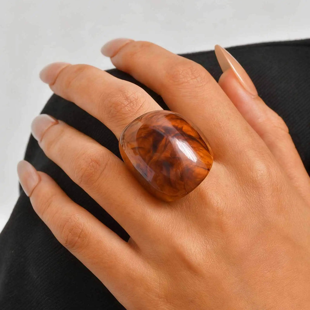 Women's Oversized Geometric Amber Resin Statement Ring Statement Ring SPOT