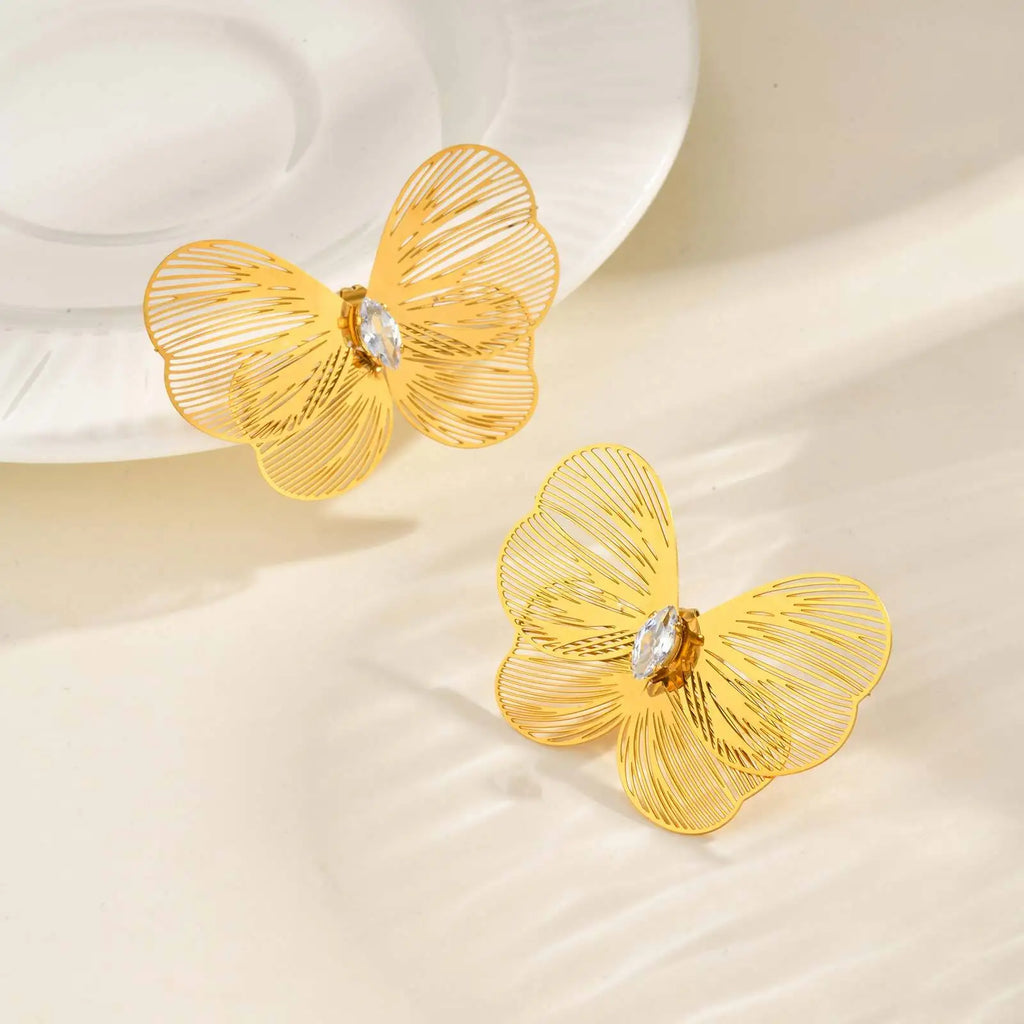 Butterfly Wing CZ Stud Earrings – Gold Stainless Steel Women Stud Earrings SPOT
