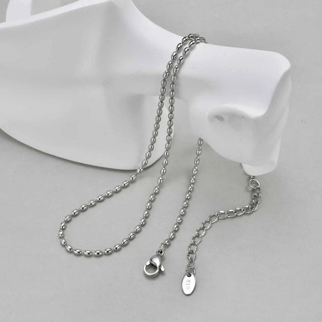 Meaeguet Oval Rice Bead Choker Necklace – Stainless Steel Silver Bead Chain Necklace SPOT