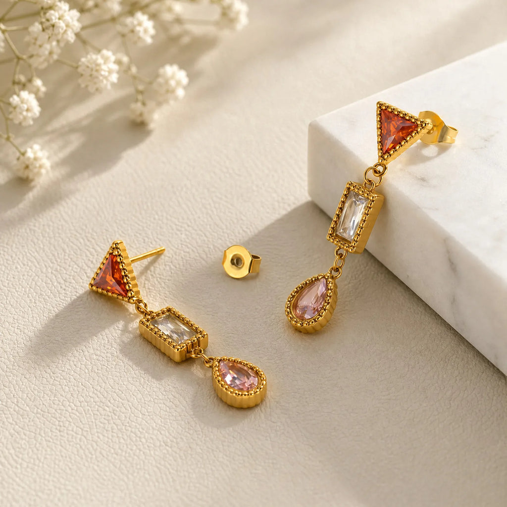 CZ Long Drop Dangle Earrings – Geometric Zirconia Gold Plated Drop Dangle Earrings SPOT