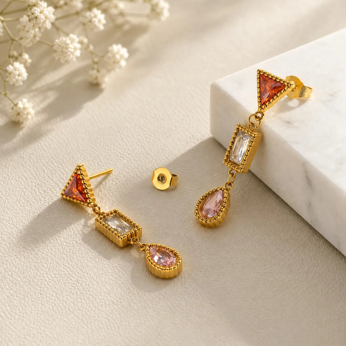 CZ Long Drop Dangle Earrings – Geometric Zirconia Gold Plated Drop Dangle Earrings SPOT