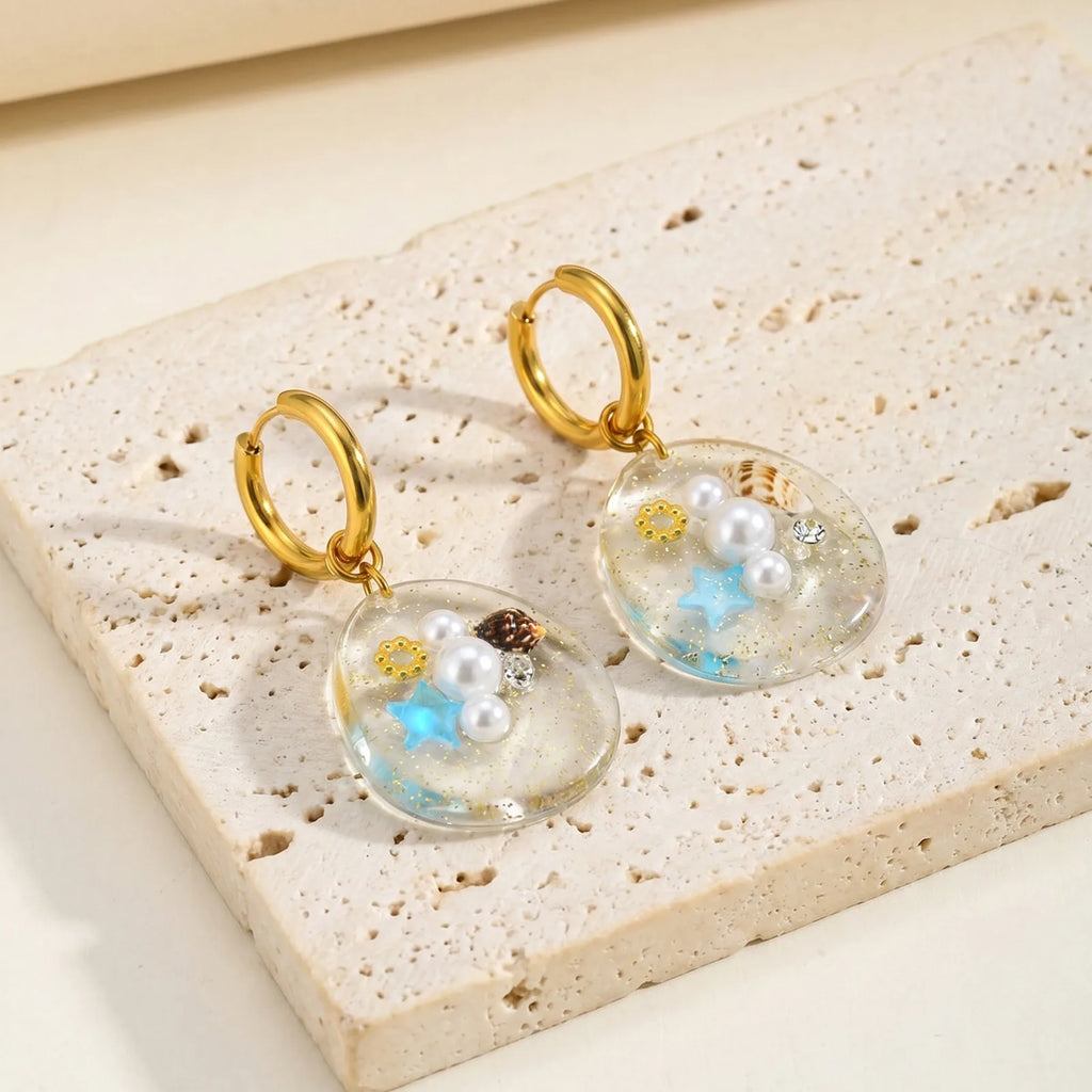 Resin Ocean Drop Earrings | Seashell Starfish 18K Gold Plated Drop Earrings SPOT