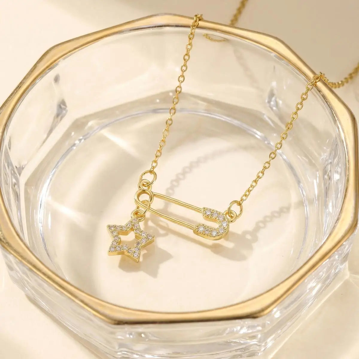 Safety Pin Necklace Pavé CZ Star Moon Sun Charm | Women Pendant Necklace SPOT