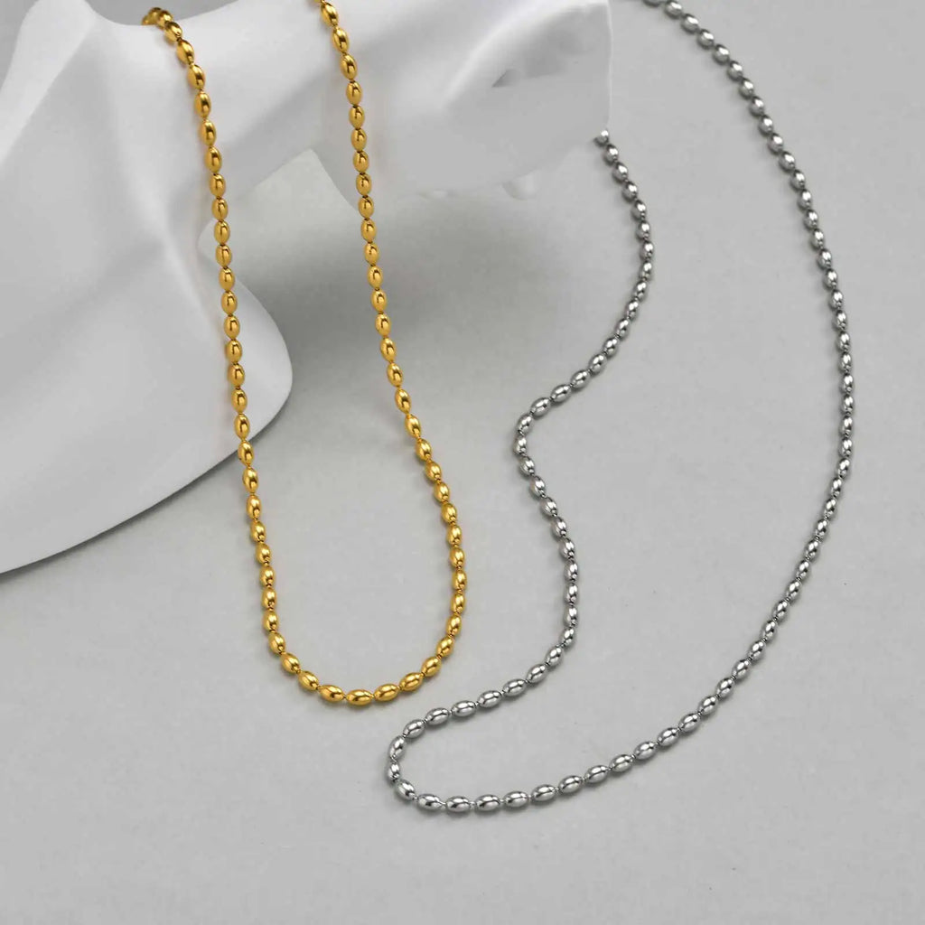 Meaeguet Oval Rice Bead Choker Necklace – Stainless Steel Silver Bead Chain Necklace SPOT
