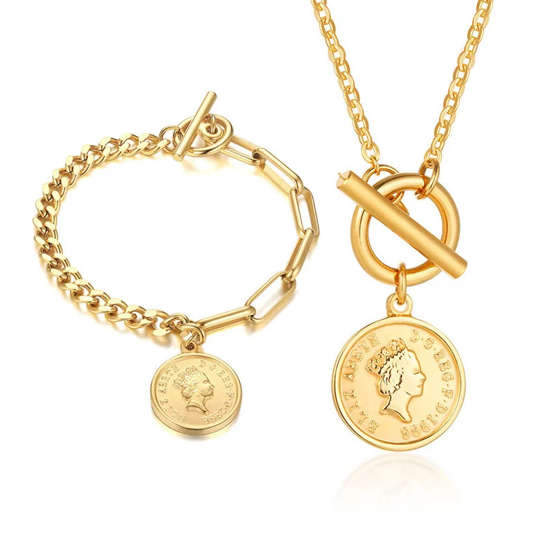 Queen Coin Medallion Chunky Chain Bracelet – Stainless Steel Chain Link Bracelet SPOT