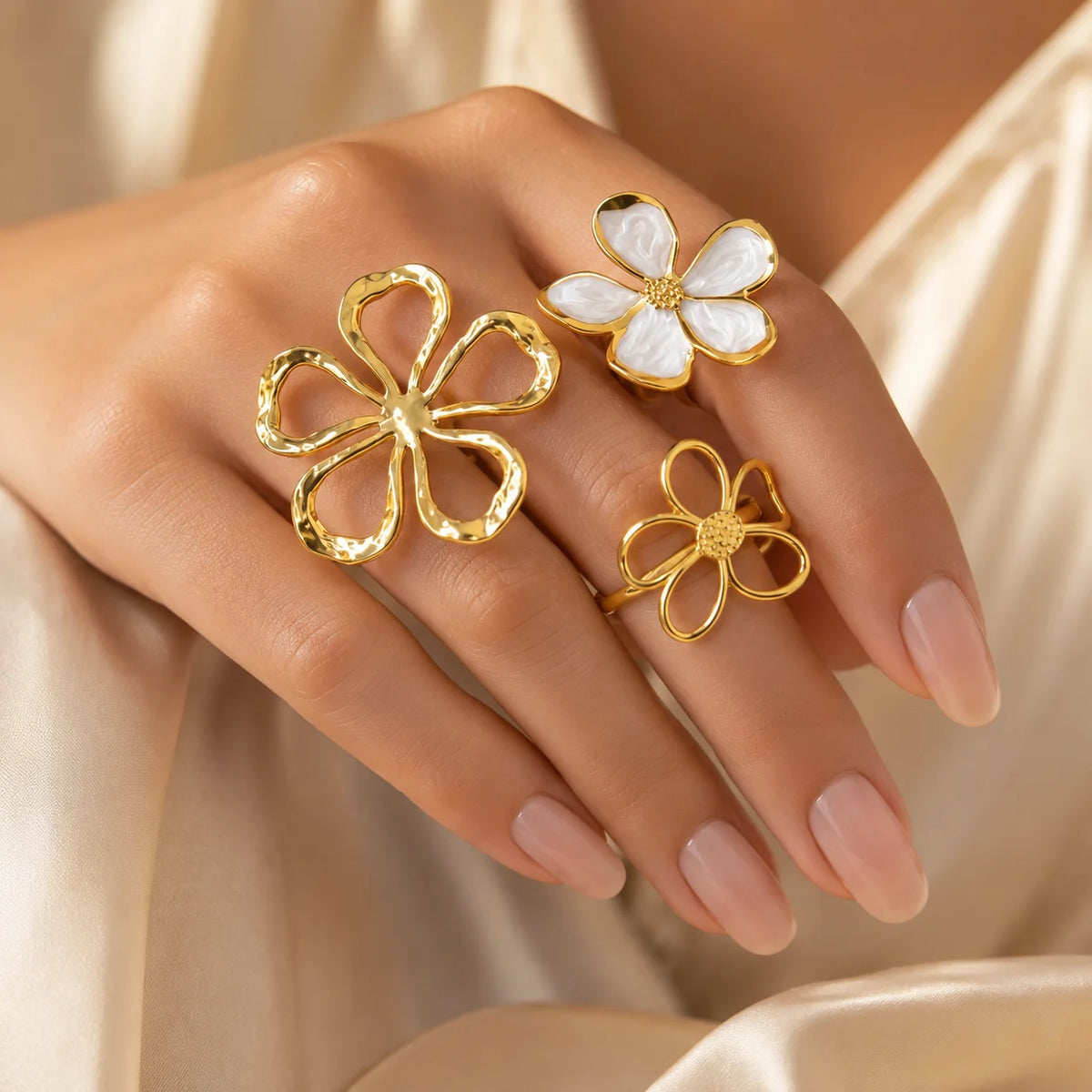18K Gold Plated Floral Statement Ring – Open Adjustable Band Fashion Statement Ring SPOT