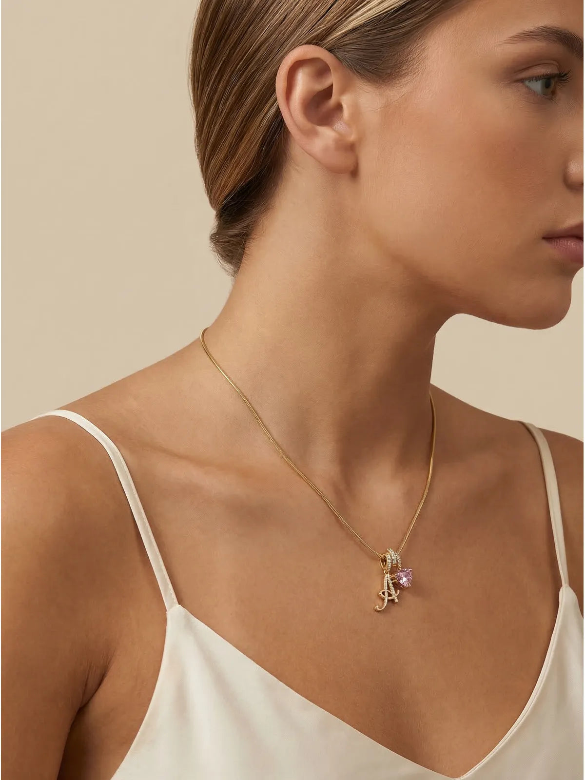 Initial Letter Necklace – Pink Crystal Heart Pendant, 18K Gold Initial Pendant Necklace SPOT