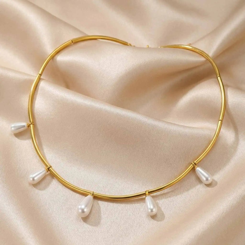 Teardrop Pearl Tube Chain Necklace – Gold Stainless Steel Pearl Chain Necklace SPOT Default Title