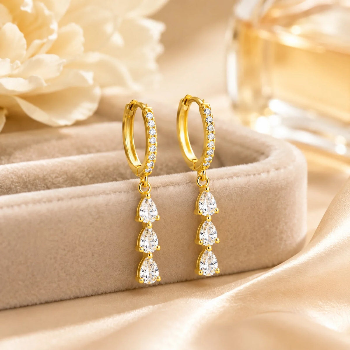 14K Gold Plated Drop Fringe Earrings – CZ Marquise Studs Drop Fringe Earrings SPOT
