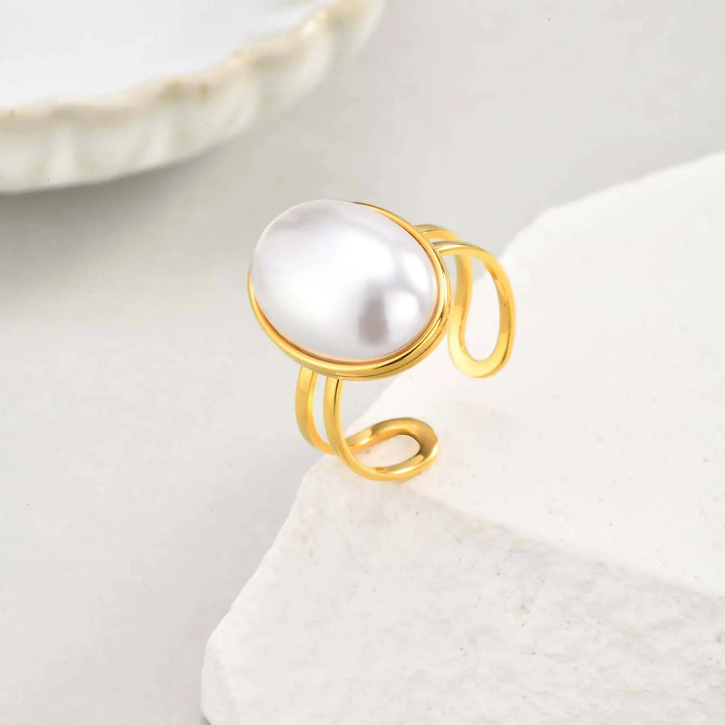 Pearl Ring for Women – 18K Gold Plated Open Band | Stainless Steel Pearl Fashion Ring SPOT