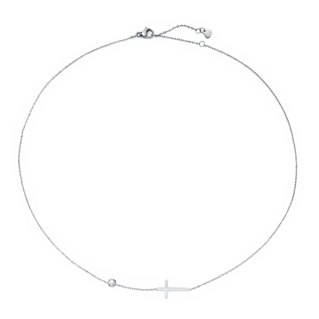 Dainty Skinny Bar Cross Necklace – Minimal Layering Jewelry Bar Pendant Necklace SPOT 782 Silver Color