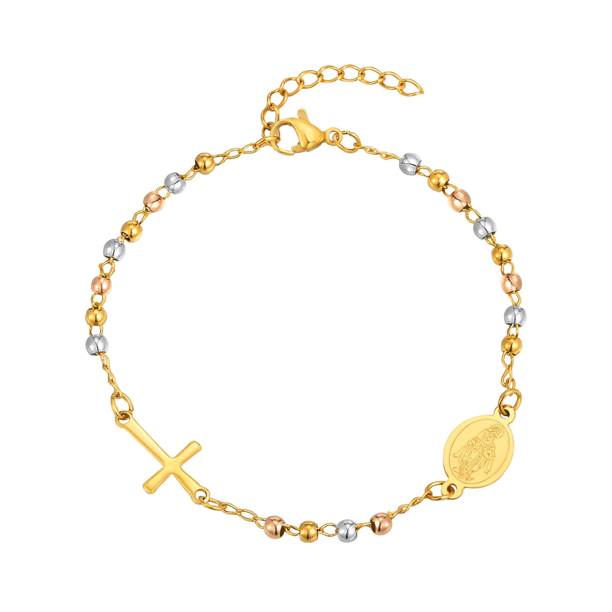 Virgin Mary St Benedict Cross Bracelet – Stainless Steel Religious Beaded Bracelet SPOT BR-2428G01