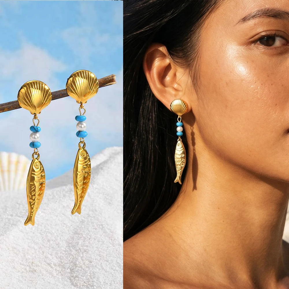 Gold Fish Drop Earrings – Turquoise Pearl Shell | Waterproof Drop Earrings SPOT