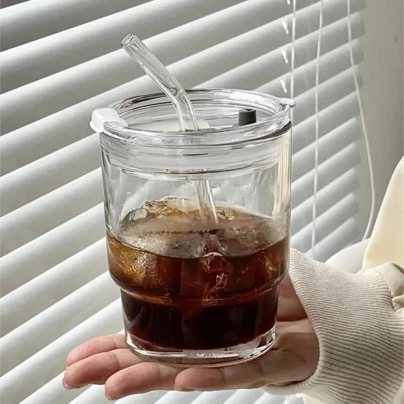 Striped Glass Cup with Lid & Straw – 400/450ml Bubble Tea Mug Glass Cup with Straw SPOT