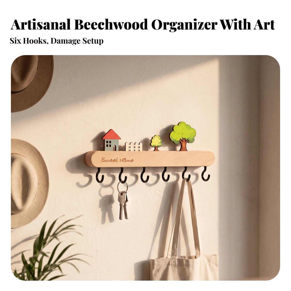 Wooden Key Hook Rack with 6 Hooks – Home Sweet Home Wall Hanger Wall Key Rack SPOT