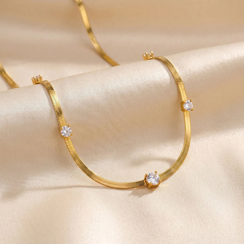CZ Station Necklace – 18K Gold Plated Snake Chain for Women CZ Station Necklace SPOT