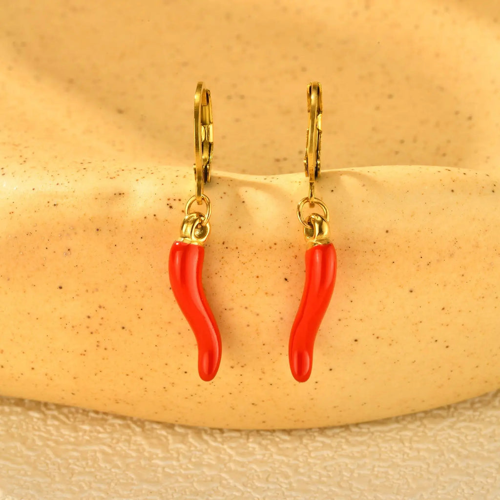 Red Chili Pepper Enamel Drop Earrings – Gold Stainless Steel Drop Dangle Earrings SPOT