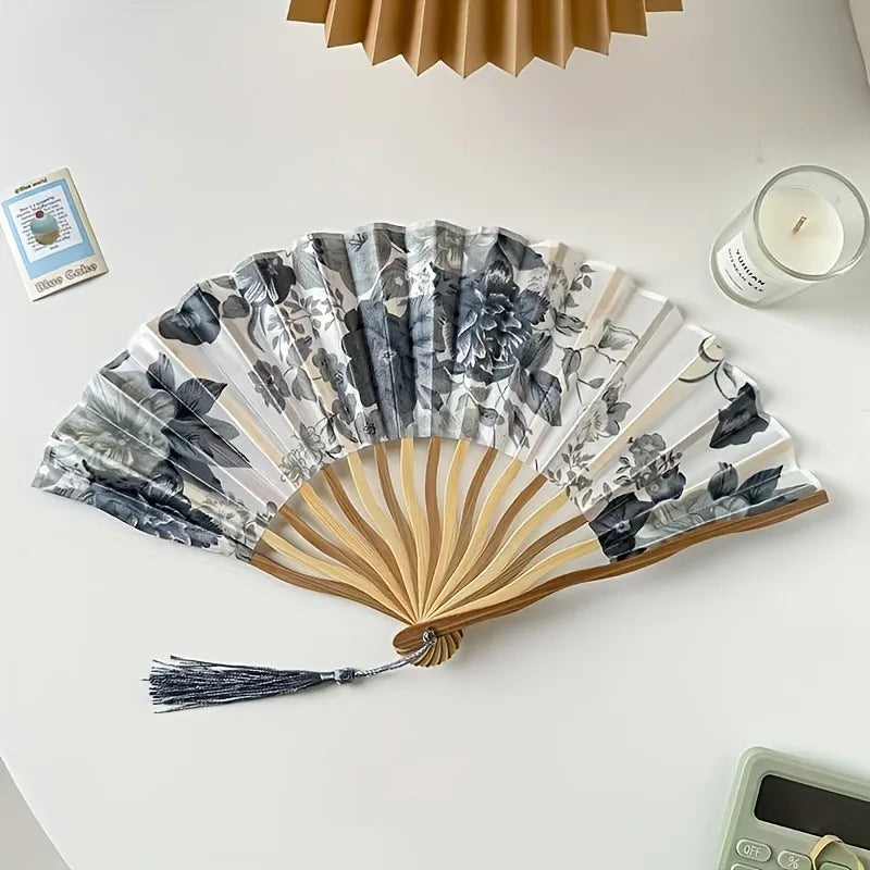 Chinese Ink Painting Folding Fan – Bamboo Cloth Fan with Tassel Decorative Folding Fan SPOT