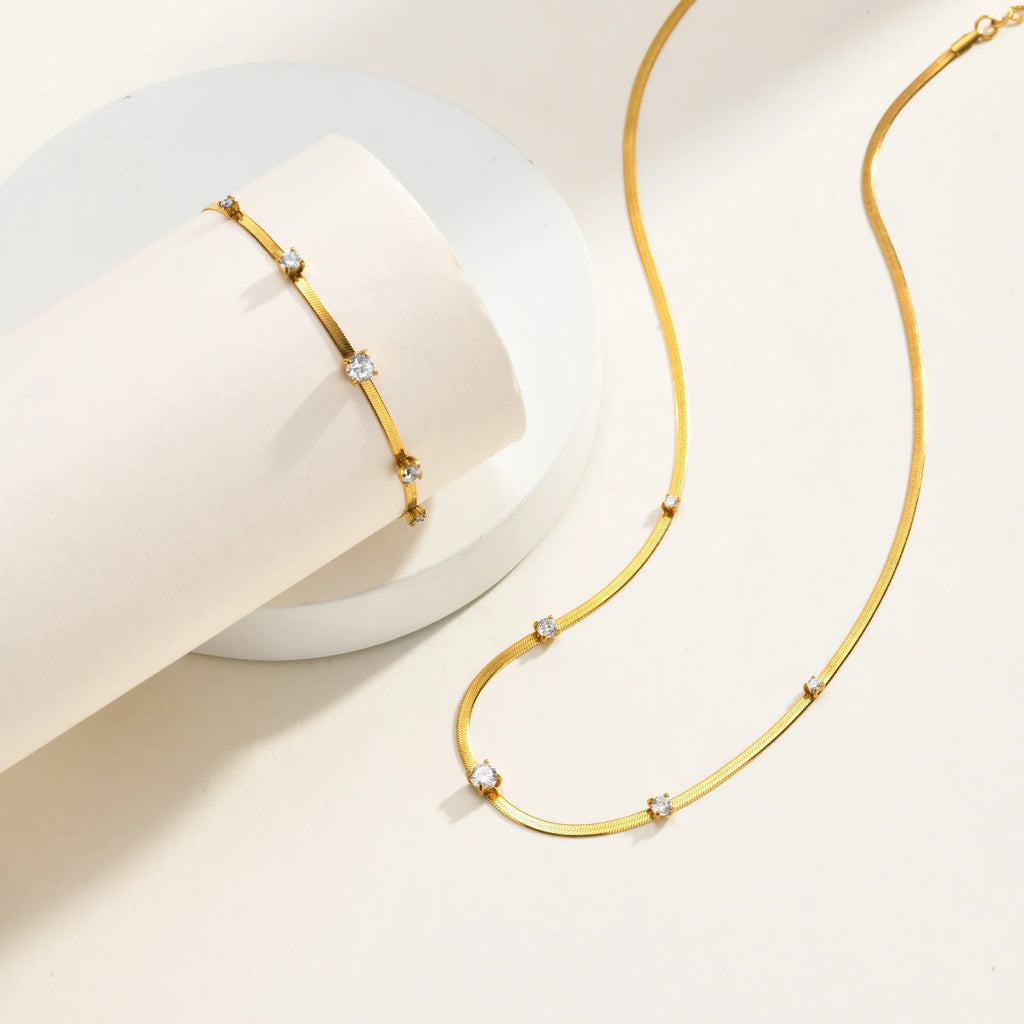 CZ Station Necklace – 18K Gold Plated Snake Chain for Women CZ Station Necklace SPOT