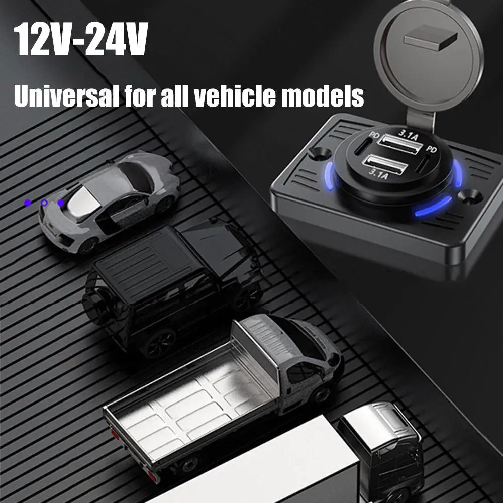 4-in-1 Car Charger QC3.0 + PD USB with Lid | 12V/24V RV Truck Car USB Charger SPOT