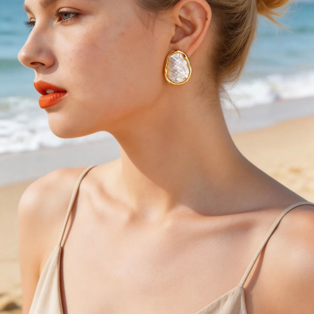 Mother of Pearl Gold Stud Earrings – Geometric Shell, Tarnish-Free Stud Earrings SPOT